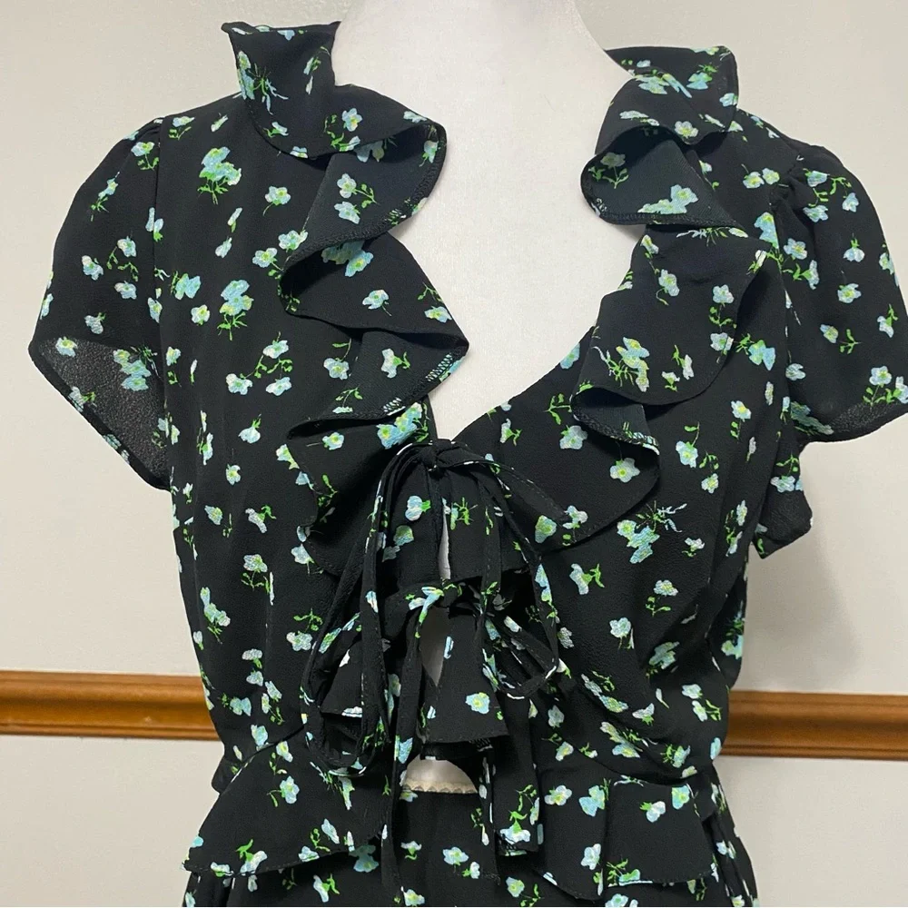 ASOS Design Lace Ruffle Bodice Mini Tea Dress Black Ditsy Floral Womens 10 NWT